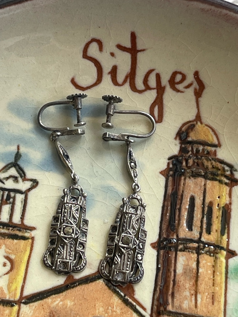 Vintage Art Deco Victorian Marcasite Sterling Silver Dangle Screw-Back Earrings